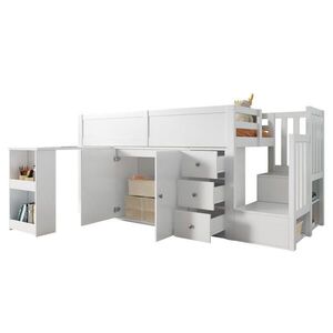 Redom VYVÝŠENÁ posteľ 90/200 cm z MDF s výsuvným stolom, skrinkou, zásuvkou a schodmi, Biela vyobraziť