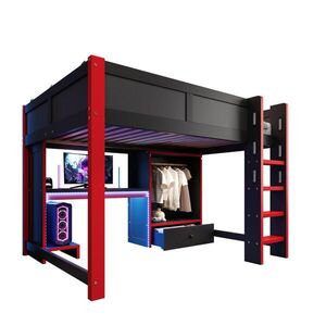 Redom VYVÝŠENÁ posteľ 140/200 cm s RGB LED osvetlením, písacím stolom, skriňou a úložným priestorom, čierna/červená vyobraziť