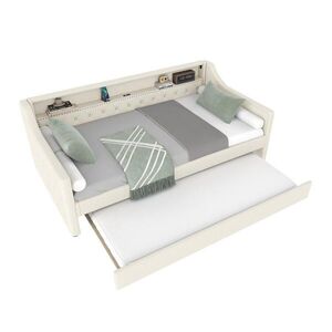 OKWISH DENNÁ posteľ 90/200 cm béžová s LED osvetlením, USB a výsuvným lôžkom z ľanu a MDF vyobraziť