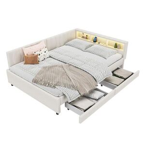 OKWISH DENNÁ posteľ 140/200 cm béžová z ľanu a MDF s LED osvetlením USB/Typ C a zásuvkami vyobraziť