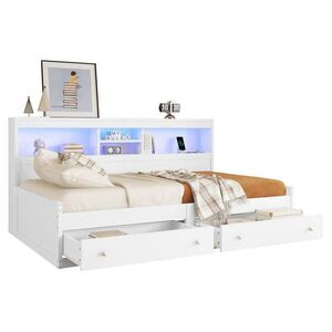 OKWISH DENNÁ posteľ 90/200 cm biela s prírodným dekorom z drevotriesky a MDF s LED osvetlením USB nabíjaním zásuvkami a policami vyobraziť