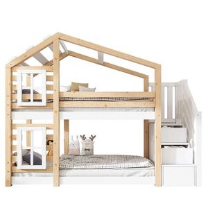 OKWISH POSCHODOVÁ posteľ 90/200 cm prírodná/biela z masívneho dreva a MDF s úložnými schodíkmi a zábranou vyobraziť
