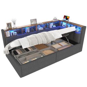 OKWISH DENNÁ posteľ 90/200 cm sivá s LED osvetlením USB a úložným priestorom z ľanu a MDF vyobraziť