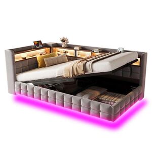 OKWISH ČALÚNENÁ posteľ 90/200 cm svetlosivá zo zamatu s hydraulickým úložným priestorom LED osvetlením a policami vyobraziť