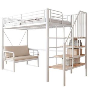 OKWISH POSCHODOVÁ posteľ 90/200 cm biela z kovu a MDF s odnímateľnou pohovkou a úložnými schodmi vyobraziť