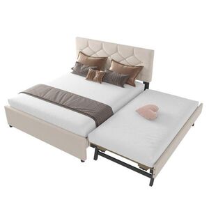OKWISH ČALÚNENÁ posteľ 140/200 cm béžová s výsuvným lôžkom a lamelovým roštom zo zamatu a MDF vyobraziť