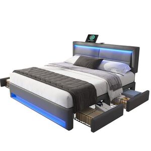 OKWISH ČALÚNENÁ posteľ 140/190 cm sivá s LED osvetlením USB nabíjaním a zásuvkami z PU vyobraziť