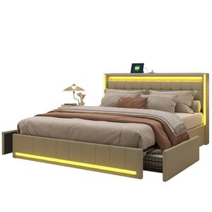 SHOPENTRA MANŽELSKÁ POSTEĽ 180/200 cm béžová ľanová s LED, USB, 4 zásuvkami vyobraziť