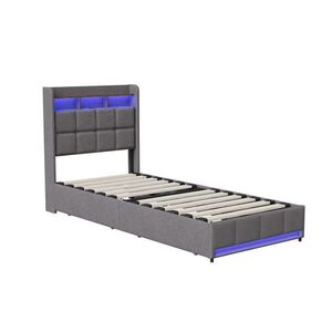 SHOPENTRA ČALÚNENÁ posteľ 90×200 cm sivá, ľanová, 2 zásuvky, USB, LED vyobraziť