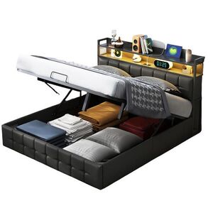 SHOPENTRA ČALÚNENÁ posteľ 140/200 cm čierna s boxom a USB portami vyobraziť