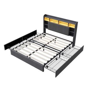 SHOPENTRA ČALÚNENÁ posteľ 160x200 sivá ľanová látka, 4 zásuvky, LED, USB/USB-C vyobraziť