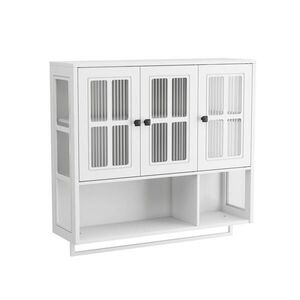 Modfu NÁSTENNÁ skrinka z MDF a temperovaného skla 88x26x82, 5 cm biela s otvoreným úložným priestorom a držiakom na uteráky vyobraziť