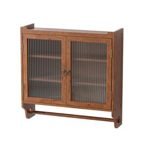 Modfu NÁSTENNÁ skrinka z masívneho dreva, MDF a skla 63x18x60 cm hnedá s tromi policami, odnímateľnými policami a vintage štýlom vyobraziť