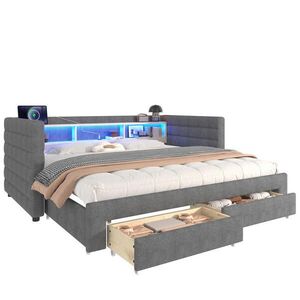 OKWISH ROZKLADACIA posteľ 90/190 cm sivá zo zamatu a MDF s LED osvetlením portmi USB a typu C a zásuvkami vyobraziť