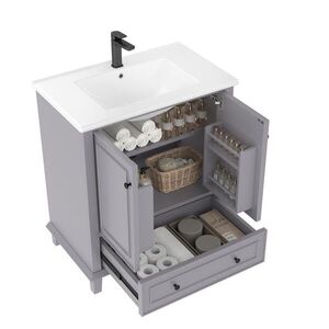 OKWISH KÚPEĽŇOVÁ skrinka s umývadlom 76/46/87 cm sivá z MDF a keramiky s veľkým úložným priestorom vyobraziť