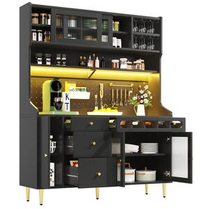 OKWISH VYSOKÁ skrinka 145/39/171 cm čierna s LED osvetlením a stojanom na víno zo skla a MDF vyobraziť