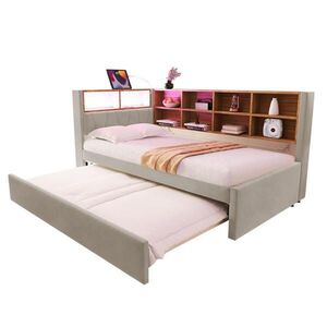 OKWISH ČALÚNENÁ posteľ 90/200 cm svetlosivá s výsuvným lôžkom LED osvetlením a úložnými priehradkami z flanelu vyobraziť