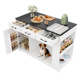 OKWISH KUCHYNSKÝ ostrovček 120/60/90 cm biely z MDF s 3 zásuvkami nastaviteľnou policou a priestorom pre domáce zviera vyobraziť