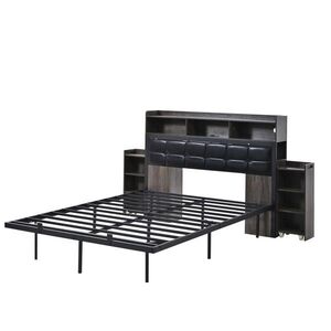 OKWISH ČALÚNENÁ posteľ 140/190 cm sivá/biela s LED, nabíjaním a výsuvnými nočnými stolíkmi z kovu a PU vyobraziť