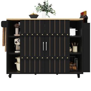 OKWISH KUCHYNSKÝ vozík 110/42/90 cm čierny z MDF so sklopnou doskou, posuvnými dverami, zásuvkami a policou vyobraziť