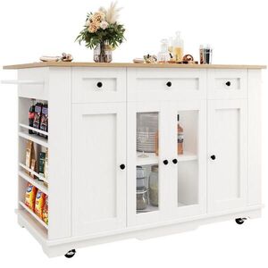 OKWISH KUCHYNSKÝ ostrovček 151, 5/60/91, 7 cm biely a prírodný z MDF s kovom a tvrdeným sklom so sklopnou doskou a úložným priestorom vyobraziť