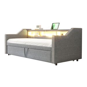 OKWISH ČALÚNENÁ posteľ 90/180 x 190 cm svetlosivá z ľanovej tkaniny s výsuvným lôžkom, LED a USB vyobraziť