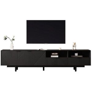 OKWISH TV stolík 200/40/51 cm čierny z drevotriesky s geometrickými dvierkami a otvorenými policami vyobraziť