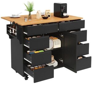 OKWISH KUCHYNSKÝ ostrovček 122/46/91, 5 cm čierny s výklopnou doskou 8 zásuvkami a kolieskami z MDF vyobraziť