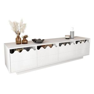 OKWISH TV stolík 170/40/45 cm biely z MDF a drevotriesky so 4 dverami a sklenenými policami vyobraziť