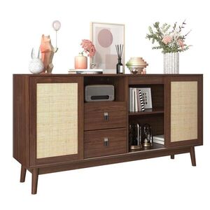 OKWISH KOMODA 155/38/80 cm tmavé drevo s posuvnými ratanovými dverami a zásuvkami z MDF a drevotriesky vyobraziť