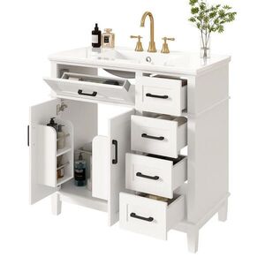 OKWISH KÚPEĽŇOVÁ skrinka s umývadlom 90/46/87 cm biela z keramiky a MDF s tichými zásuvkami a úložným priestorom vyobraziť