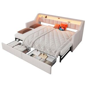 OKWISH POSTEĽ 90/200 cm béžová z ľanu a MDF s USB, USB-C, LED osvetlením a 2 zásuvkami vyobraziť