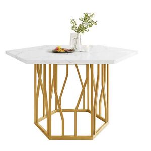 OKWISH JEDÁLENSKÝ stôl 115, 5/100/75 cm bielo-zlatý so šesťuholníkovou doskou s mramorovým dekorom z MDF a ocele vyobraziť