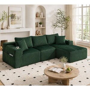 OKWISH MODULÁRNA pohovka 257/90-160/62 cm smaragdová z menčestru s leňoškou 5 vankúšmi držiakmi na nápoje a bočnými vreckami vyobraziť