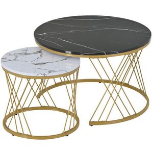 OKWISH SÚPRAVA konferenčných stolíkov 70/70/45 a 45/45/40 cm čierno-biela so zlatou konštrukciou s vkladaním z MDF vyobraziť