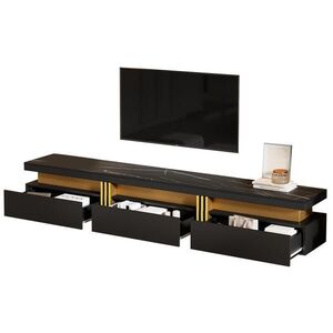 OKWISH TV komoda 200/40/42 cm čierna z drevotriesky s mramorovým dekorom s 3 zásuvkami a vedením káblov vyobraziť