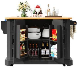 OKWISH KUCHYNSKÝ vozík 120/45(75)/91 cm čierny z MDF a kovu s 2 dverami 6 zásuvkami a kolieskami vyobraziť