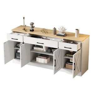 OKWISH KOMODA 160/37/75 cm biela z MDF s doskou v drevenom dekore so 3 zásuvkami a 4 dvierkami vyobraziť