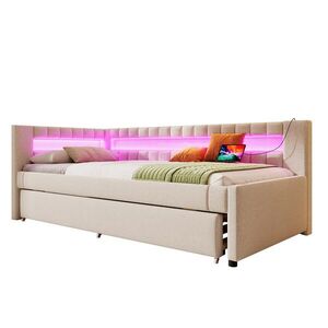WISHDOR POSTEĽ 90/200 cm & 90/190 cm v béžovej ľanovej látke s výsuvným lôžkom, LED osvetlením, USB a Type-C vyobraziť