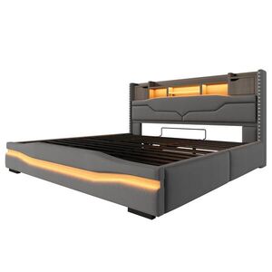WISHDOR ČALÚNENÁ POSTEĽ 180/200 cm v sivej ľanovej látke s úložným priestorom, LED osvetlením a USB vyobraziť