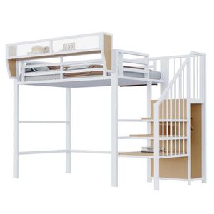 OKWISH VYSOKÁ posteľ 90/200 cm biela z kovu a MDF s bezpečnostným rebríkom a nastaviteľným úložným regálom vyobraziť