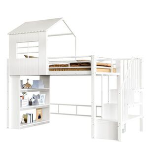 OKWISH VYSOKÁ posteľ 90/200 cm biela z MDF a kovu s úložnými schodmi a policovým regálom vyobraziť