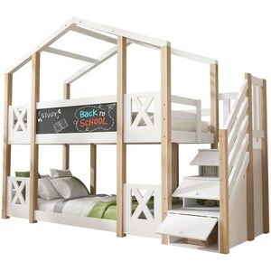 STILVORA POSCHODOVÁ POSTEĽ 90/200+90/200 cm biela/prírodná domčeková so schodmi, úložným priestorom a tabuľou vyobraziť