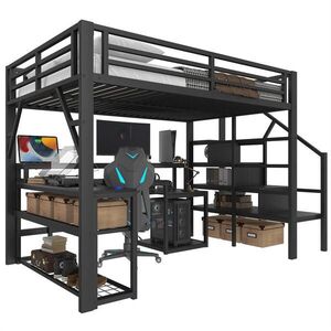STILVORA VYSOKÁ POSTEĽ 140/200 cm čierna so stolom, regálom, úložným priestorom, LED a USB, kov/MDF vyobraziť