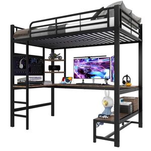 STILVORA VYSOKÁ POSTEĽ 90/200 cm čierna so stolom, regálom, LED a USB/Type-C vyobraziť
