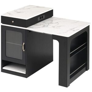 Modfu KUCHYNSKÝ ostrovček z MDF a skla 151x80x92 cm biela/čierna rozkladací so zásuvkou, policami, kolieskami a zásuvkami vyobraziť