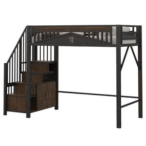 Modfu VYVÝŠENÁ posteľ z kovu a dreva 90x200 cm čierna s úložnými schodíkmi, skrinkou a bezpečnostným oknom vyobraziť