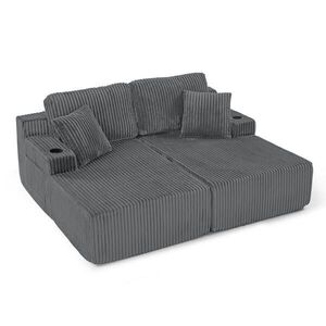 Modfu ROZKLADACIA pohovka z kordovej látky 186x154x78 cm sivá s bočným vreckom, držiakom na nápoje a vankúšmi vyobraziť