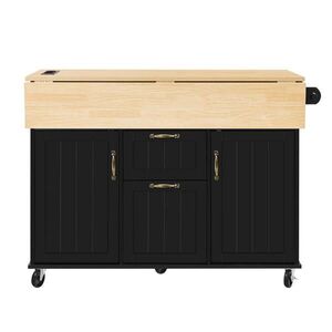 Modfu KUCHYNSKÝ ostrovček z MDF 120x80x92 cm čierna/prírodná s rozkladacou doskou, zásuvkami, zásuvkami USB a kolieskami vyobraziť