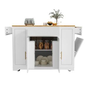Modfu KUCHYNSKÝ ostrovček z MDF 120x50x92 cm biely s kolieskami, priestorom na odpad a 3 zásuvkami vyobraziť